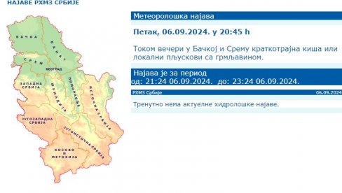 RHMZ NAJAVLJUJE: Večeras se očekuje kiša u ovim delovima zemlje