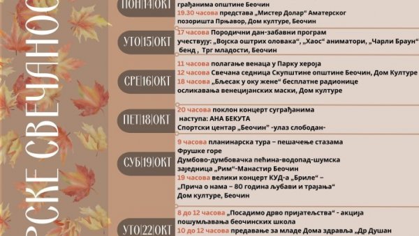 У БЕОЧИНУ ПОВОДОМ ДАНА ОПШТИНЕ: Октобарске свечаности од 12. до 28. октобра, разноврсни бесплатни програми