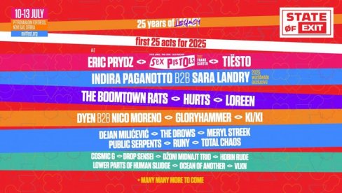 EXIT СЛАВИ 25 ГОДИНА: Sex Pistols, Tiësto, Loreen i Eric Prydz предводе првих 25 имена јубиларног издања