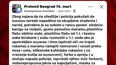 КАЦИГА СА ВИЗИРОМ, ГУСТА ПАМУЧНА МАРАМА, СОДА БИКАРБОНА: Антисрби направили списак ствари за најављени хаос 15. марта